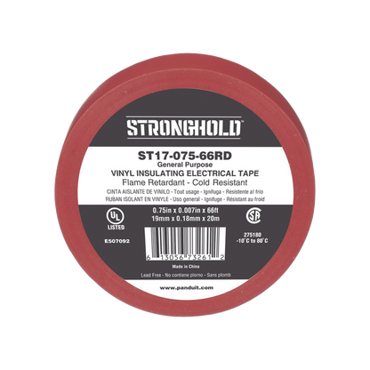 Cinta Eléctrica STRONGHOLD para Aislar, de PVC, Uso General Reparación y Mantenimiento, Grosor de 0.18mm (7 mil), Ancho de 19mm, y 20.12m de Largo, Color Rojo