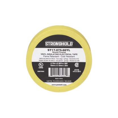 Cinta Eléctrica STRONGHOLD para Aislar, de PVC, Uso General Reparación y Mantenimiento, Grosor de 0.18mm (7 mil), Ancho de 19mm, y 20.12m de Largo, Color Amarillo