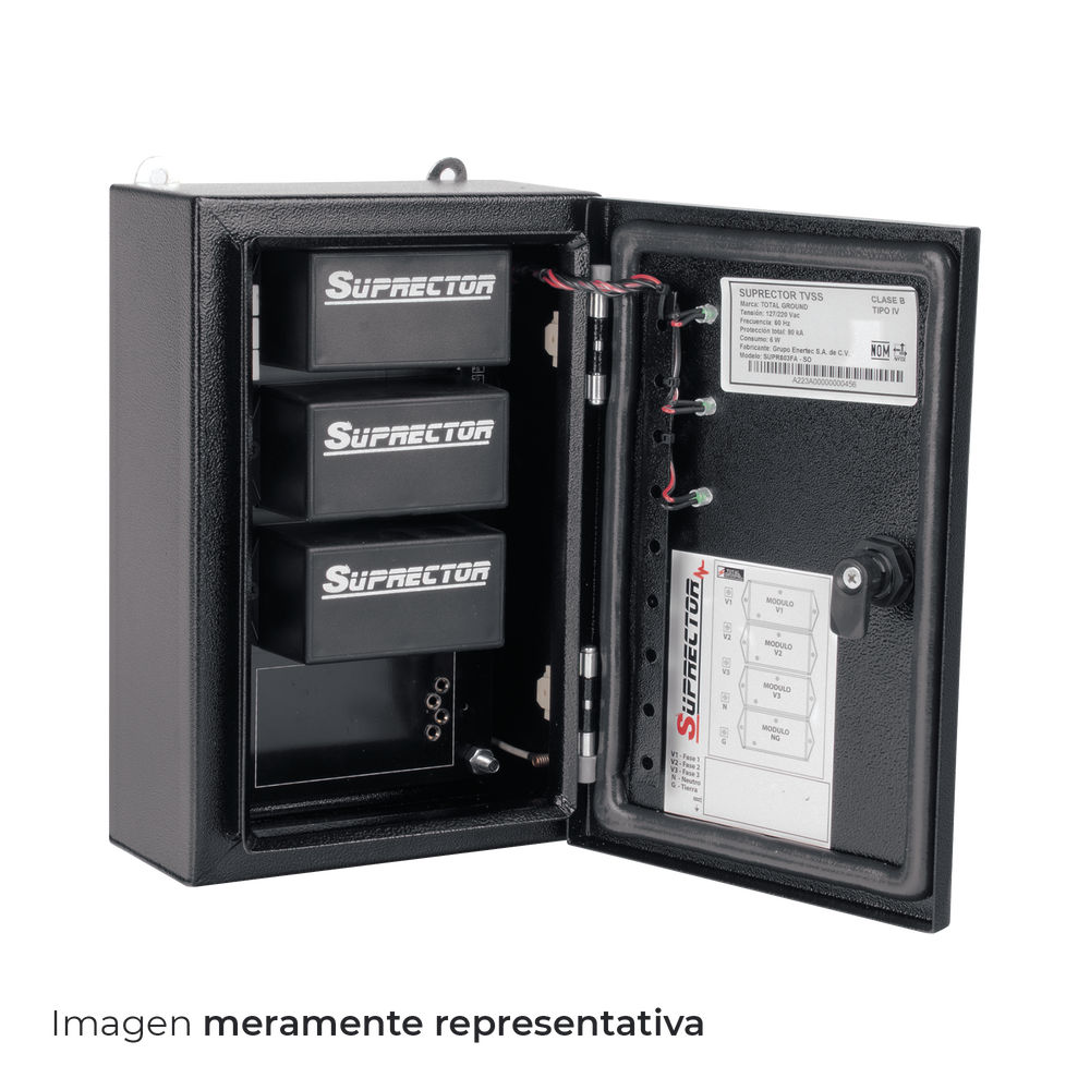 Supresor de pico clase B con voltaje de operación 220/380 Vca, 3 fases, 80 KA
