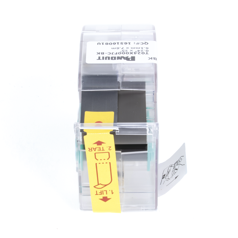 Casete de Etiquetas de Poliolefina de Cinta Continua, Color Blanco sobre Negro, Uso Interior/Exterior, 6.1 mm de Ancho x 7.6 metros (24.93 pies) de Largo