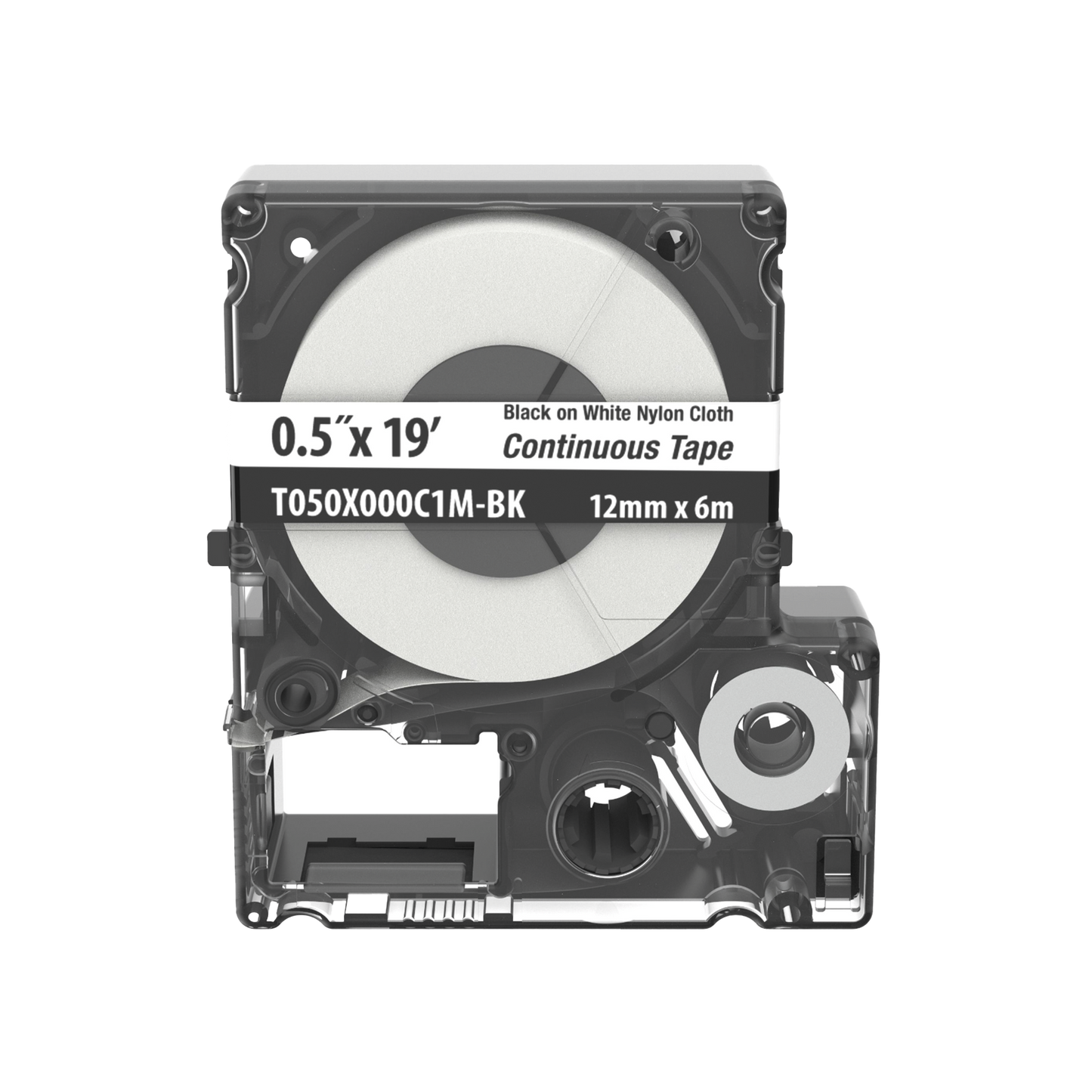 Casete de Etiquetas de Nylon de Cinta Continua, Color Negro Sobre Blanco, Uso Interior/Exterior, 12 (0.5 Pulgadas) mm de Ancho x 6 Metros (19.69 Pies) de Largo
