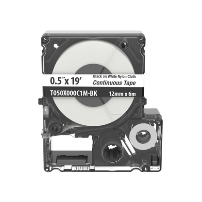 Casete de Etiquetas de Nylon de Cinta Continua, Color Negro Sobre Blanco, Uso Interior/Exterior, 12 (0.5 Pulgadas) mm de Ancho x 6 Metros (19.69 Pies) de Largo