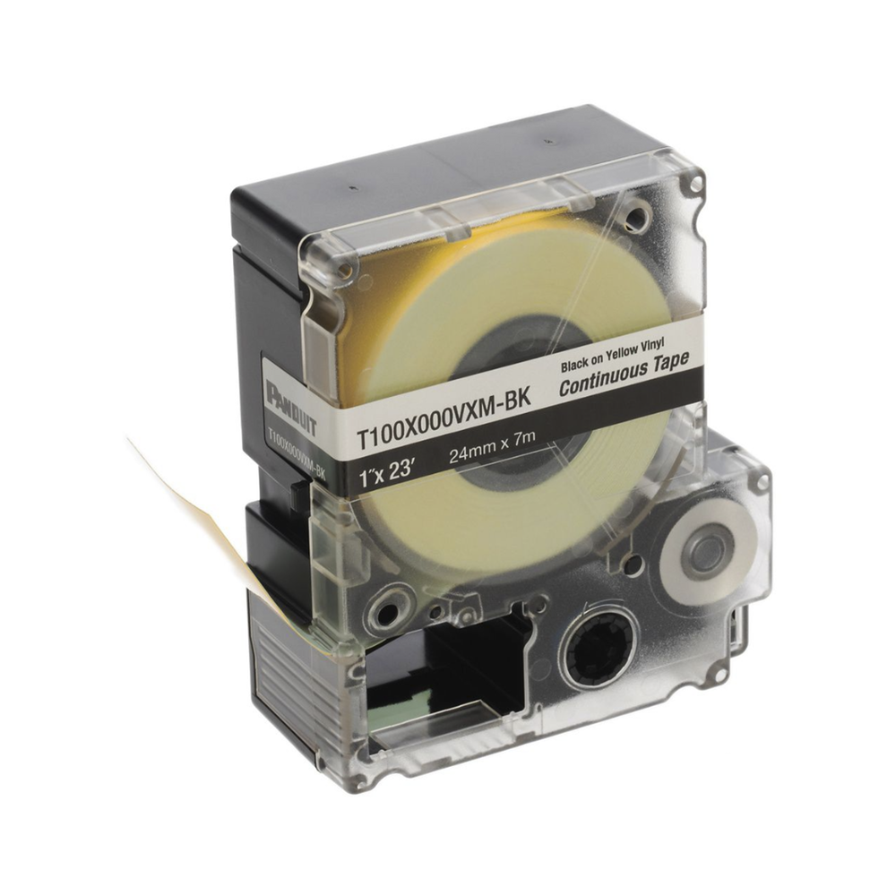 Casete de Etiquetas de Vinilo de Cinta Continua, Color Negro Sobre Amarillo, Uso Interior/Exterior, 24 mm (0.94 Pulgadas) de Ancho x 7 Metros (23 Pies) de Largo