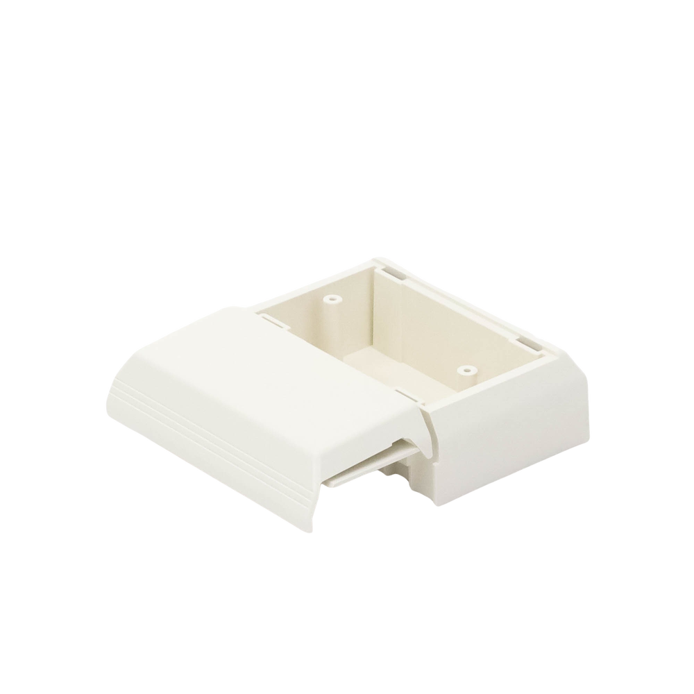 Caja Superficial Con Bisagras de Instalación a Presión, Para Canaletas T45, Material PVC Rígido, Color Blanco Mate