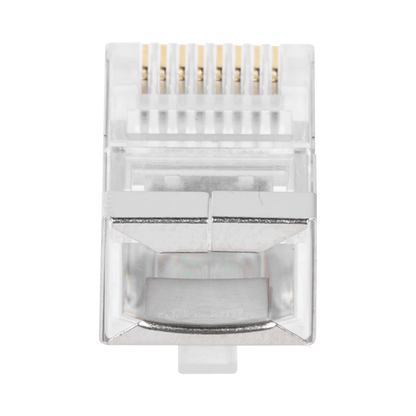 Bote con 100 Plugs Pass Through RJ45 Cat5e Blindado, Chapado de Oro a 30 Micras para Durabilidad Extrema