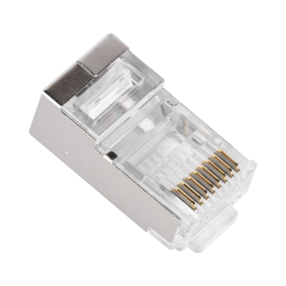 Bote con 100 Plugs Pass Through RJ45 Cat5e Blindado, Chapado de Oro a 30 Micras para Durabilidad Extrema