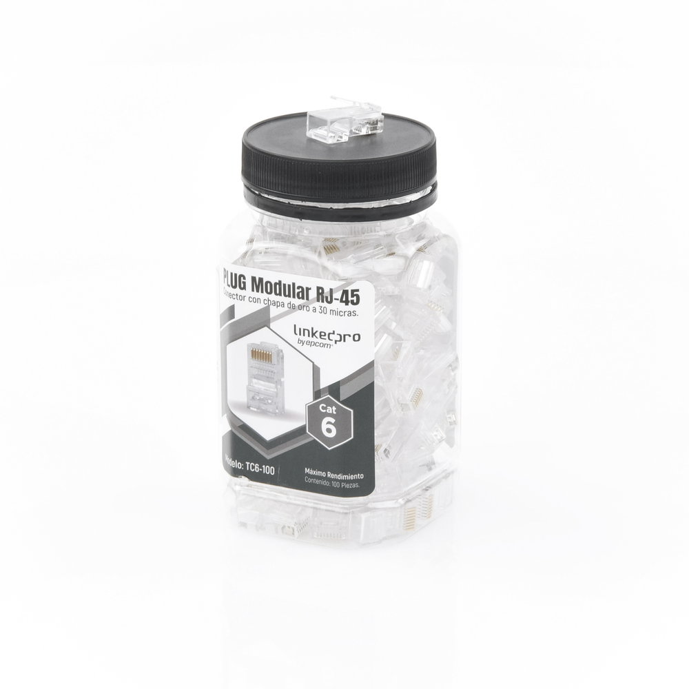 Bote con 100 Piezas de Plug Modular RJ45 Cat6 sin Blindaje, Chapado de Oro a 30 Micras para Durabilidad Extrema