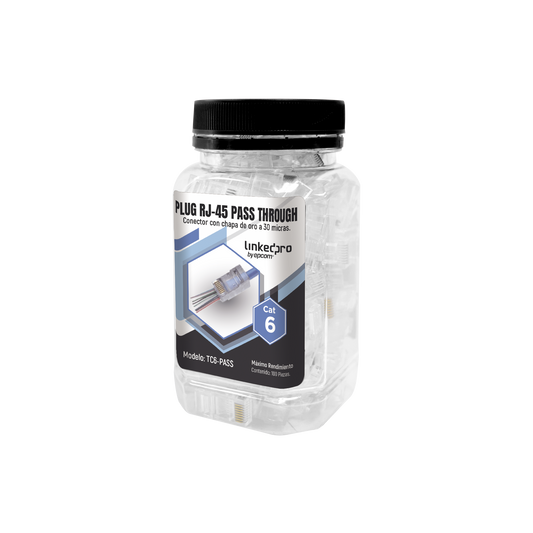 Bote con 100 Plugs Pass Through RJ45 Cat6 sin Blindaje, Chapado de Oro a 30 Micras para Durabilidad Extrema