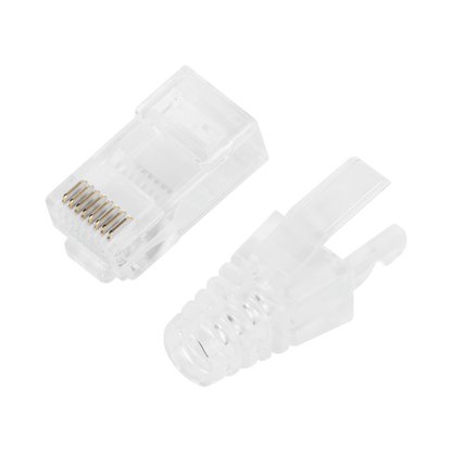 Bote con 50 Plugs Pass Through RJ45 Cat6 sin Blindaje, con Alivio de Tensión Incluido, Chapado de Oro a 30 Micras para Durabilidad Extrema