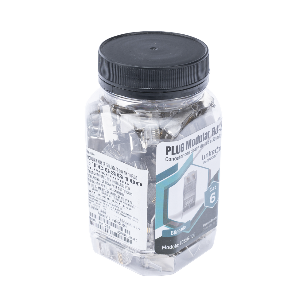 Bote con 100 Piezas de Plug Modular RJ45 Cat6 Blindado con Pin de Tierra, Chapado de Oro a 30 Micras para Durabilidad Extrema