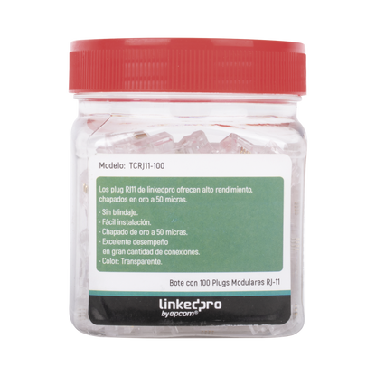 Bote con 100 Piezas de Plug Modular Tipo RJ11 de 4 Contactos Chapado de Oro a 50 Micras