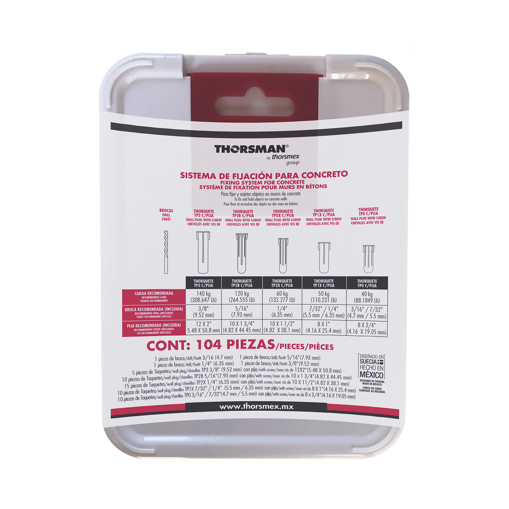 Kit para Sistemas de Fijación en Concreto, Taquetes con doble expansión y guía incluida para fácil instalación (104 piezas)