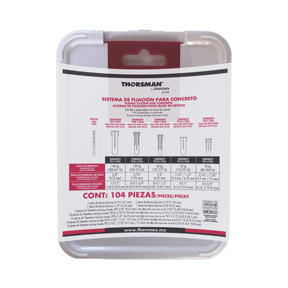 Kit para Sistemas de Fijación en Concreto, Taquetes con doble expansión y guía incluida para fácil instalación (104 piezas)