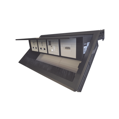 Caja Horizontal Tipo Hub para Escritorio Color Negro, con 1 Puerto HDMI Hembra-Hembra, 1 Puerto RJ45 Cat6, 2 Puertos USB (Solo Carga), y 2 Contactos Eléctricos Universales