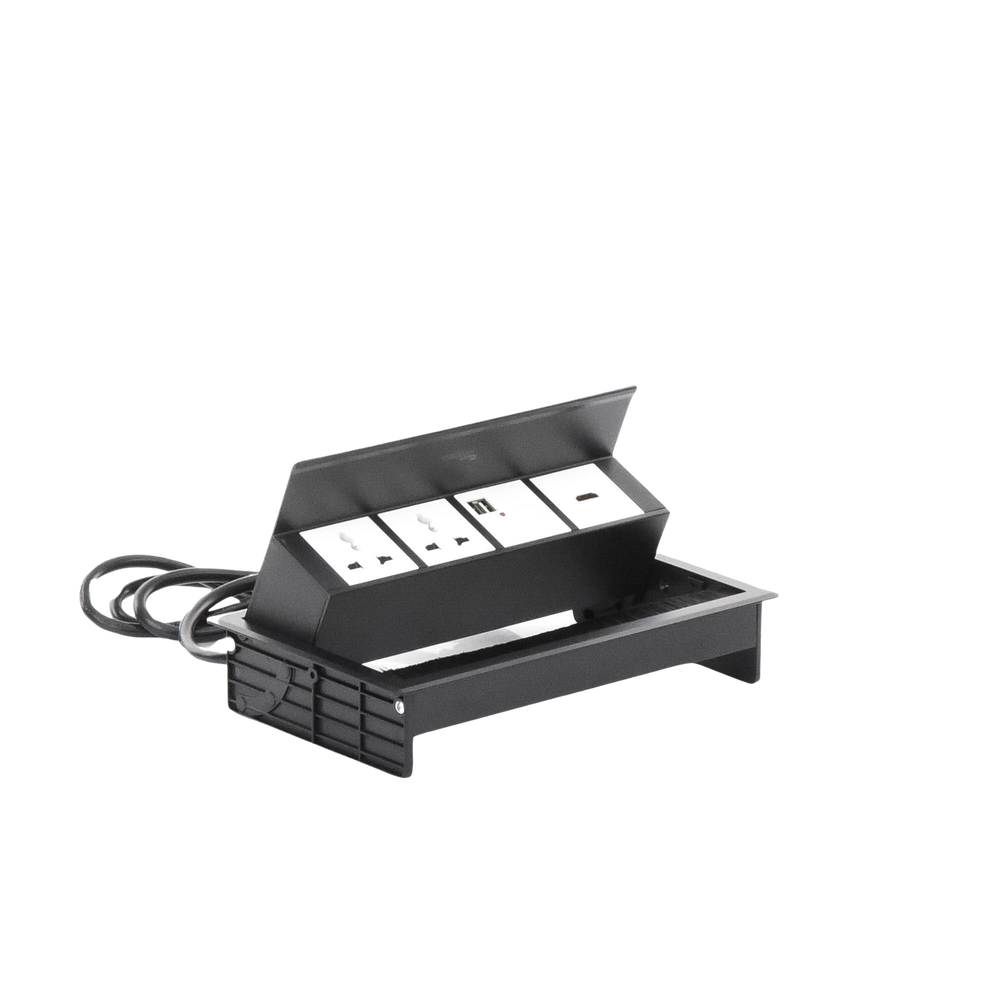 Caja Horizontal Tipo Hub para Escritorio Color Negro, con 1 Puerto HDMI Hembra-Hembra, 1 Puerto RJ45 Cat6, 2 Puertos USB (Solo Carga), y 2 Contactos Eléctricos Universales