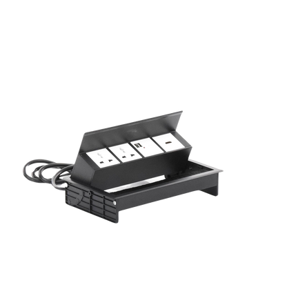 Caja Horizontal Tipo Hub para Escritorio Color Negro, con 1 Puerto HDMI Hembra-Hembra, 1 Puerto RJ45 Cat6, 2 Puertos USB (Solo Carga), y 2 Contactos Eléctricos Universales