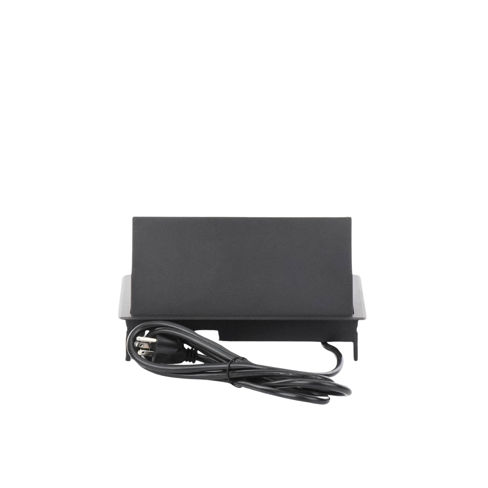 Caja Horizontal Tipo Hub para Escritorio Color Negro, con 1 Puerto HDMI Hembra-Hembra, 1 Puerto RJ45 Cat6, 2 Puertos USB (Solo Carga), y 2 Contactos Eléctricos Universales