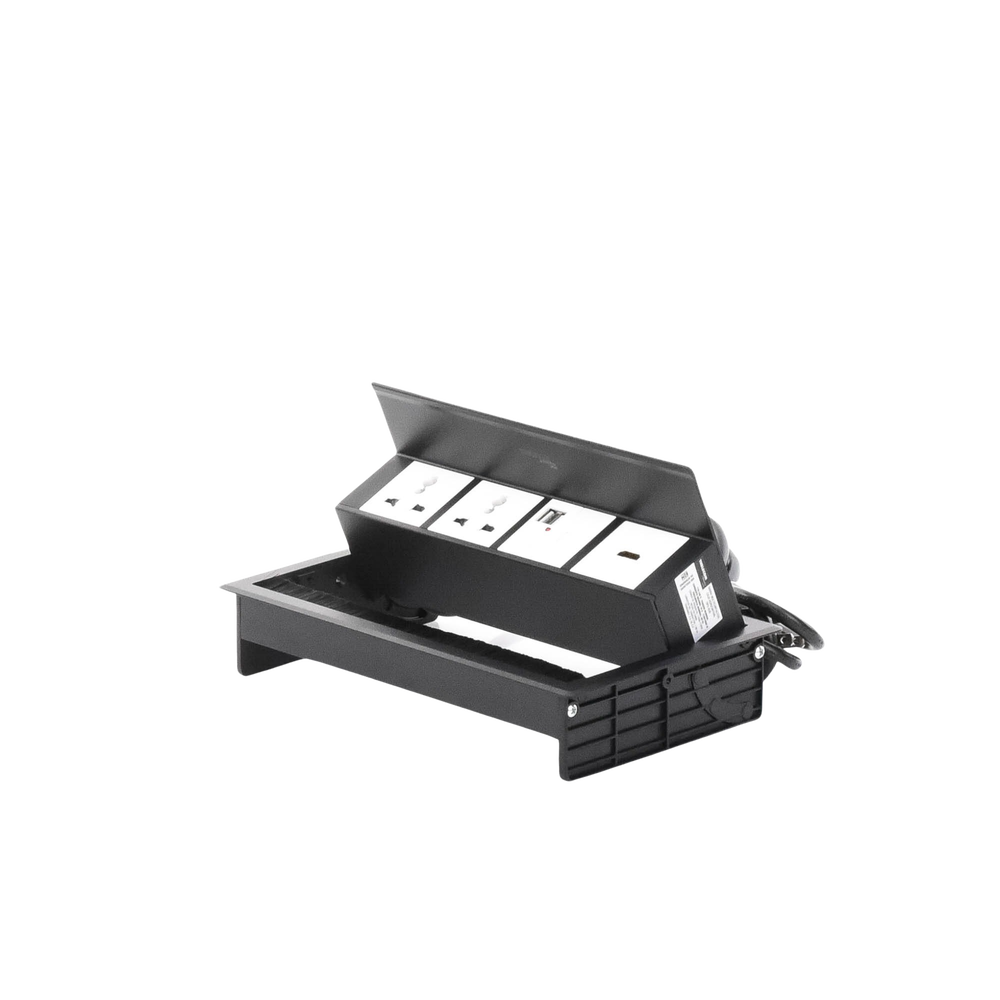 Caja Horizontal Tipo Hub para Escritorio Color Negro, con 1 Puerto HDMI Hembra-Hembra, 1 Puerto RJ45 Cat6, 2 Puertos USB (Solo Carga), y 2 Contactos Eléctricos Universales