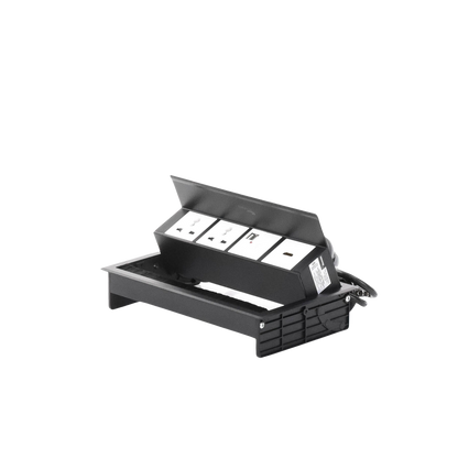 Caja Horizontal Tipo Hub para Escritorio Color Negro, con 1 Puerto HDMI Hembra-Hembra, 1 Puerto RJ45 Cat6, 2 Puertos USB (Solo Carga), y 2 Contactos Eléctricos Universales