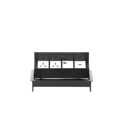 Caja Horizontal Tipo Hub para Escritorio Color Negro, con 1 Puerto HDMI Hembra-Hembra, 1 Puerto RJ45 Cat6, 2 Puertos USB (Solo Carga), y 2 Contactos Eléctricos Universales