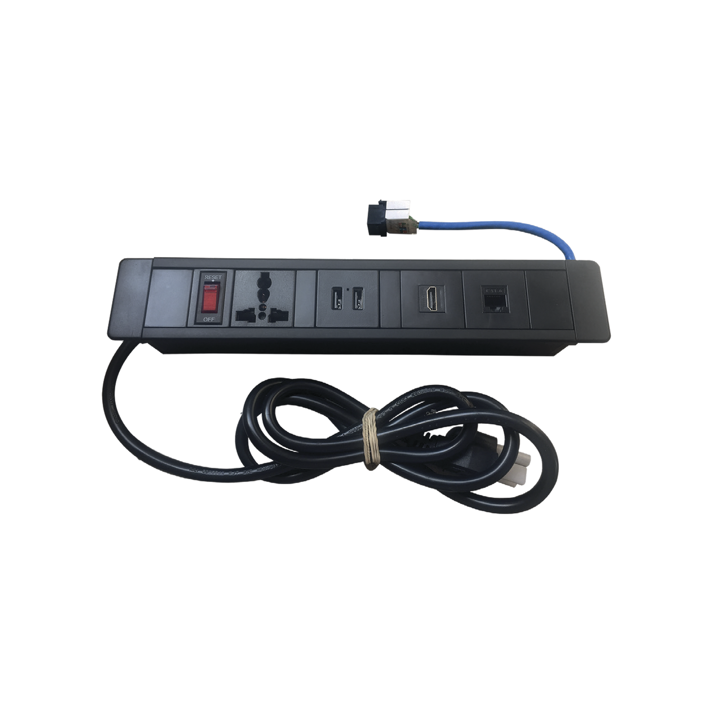 Hub para escritorio color negro,  con 1 Puerto HDMI Hembra-Hembra, 1 Conector RJ45 Cat6, 2 Puertos USB 5V DC /2 A, y 1 Contacto eléctrico universal  (11100-00001)