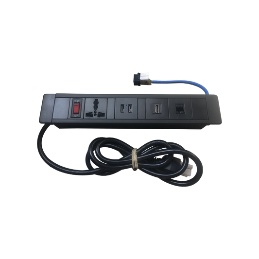 Hub para escritorio color negro,  con 1 Puerto HDMI Hembra-Hembra, 1 Conector RJ45 Cat6, 2 Puertos USB 5V DC /2 A, y 1 Contacto eléctrico universal  (11100-00001)