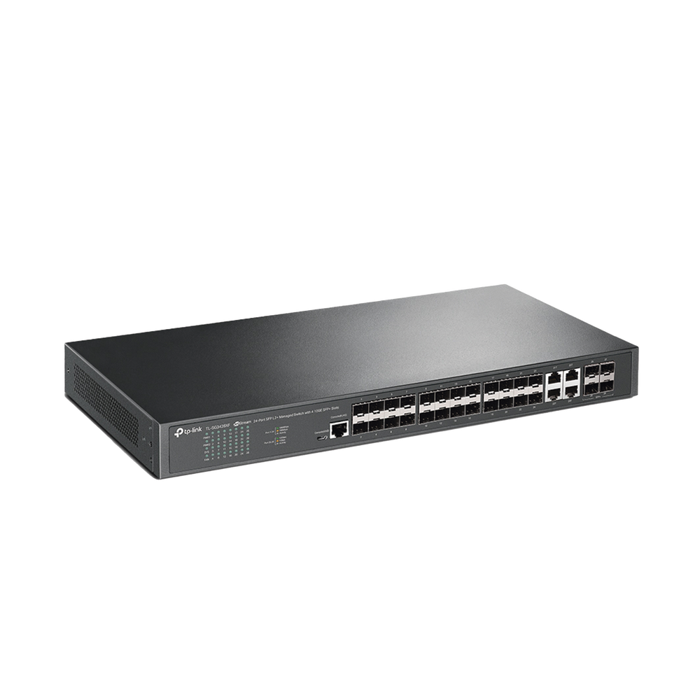 Switch de Fibra Óptica L2+ Omada / 24 puertos SFP 1GE / 4 Puertos Combinados SFP+/RJ45 Gigabit / 2 Puertos Consola RJ45|micro-SUB / Administración Centralizada Omada o Stand-Alone / Compatile con IPv6 /  Multicast IGMP