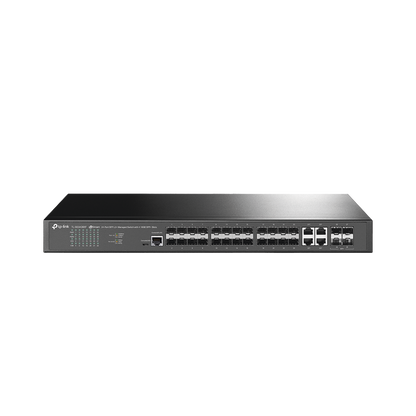 Switch de Fibra Óptica L2+ Omada / 24 puertos SFP 1GE / 4 Puertos Combinados SFP+/RJ45 Gigabit / 2 Puertos Consola RJ45|micro-SUB / Administración Centralizada Omada o Stand-Alone / Compatile con IPv6 /  Multicast IGMP