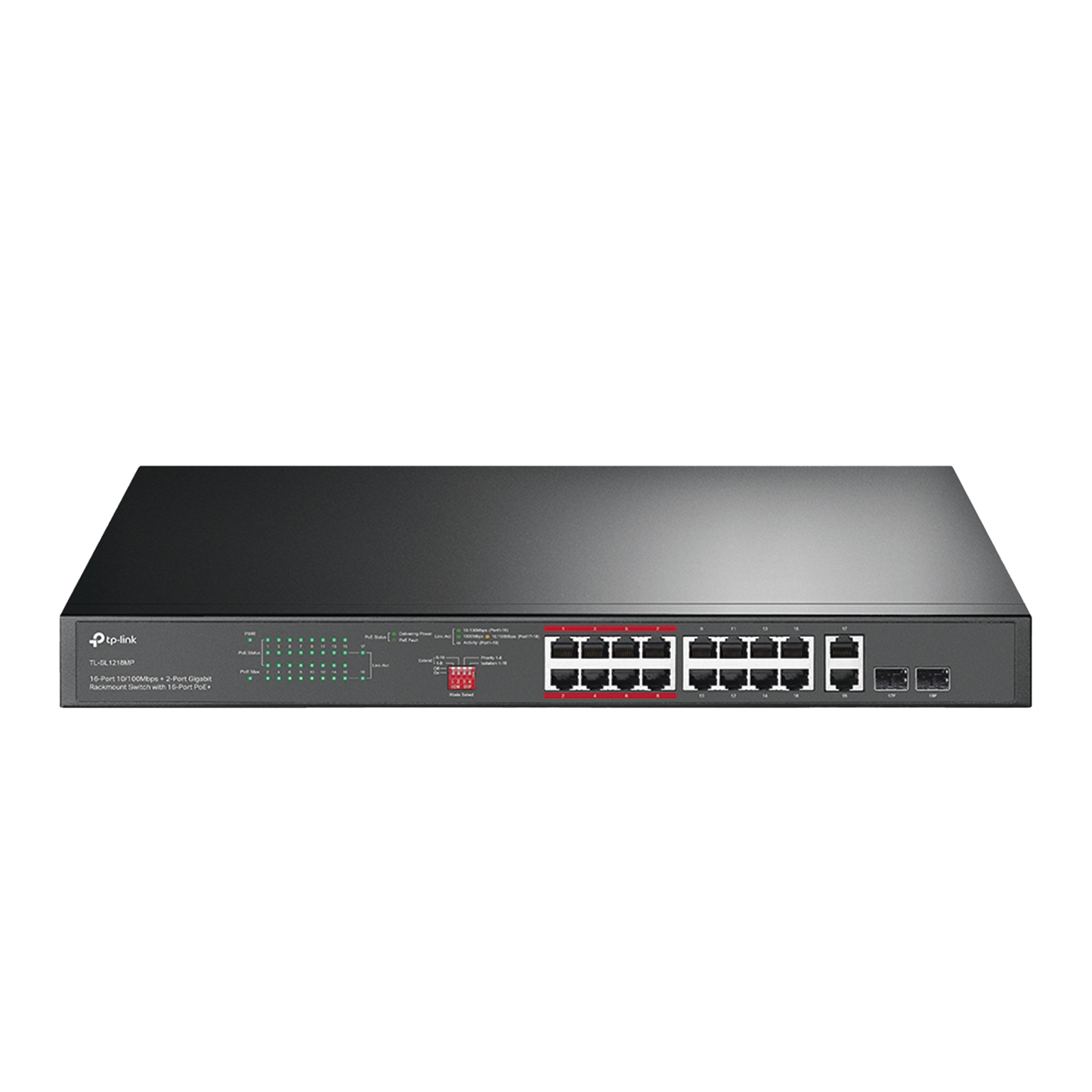 Switch PoE+ No Administrable de 16 puertos 10/100 Mbps / 2 puertos 10/100/1000 Mbps en Combo con 2 Puertos SFP / Presuuesto PoE 250 W / Extensor PoE de hasta 250 metros