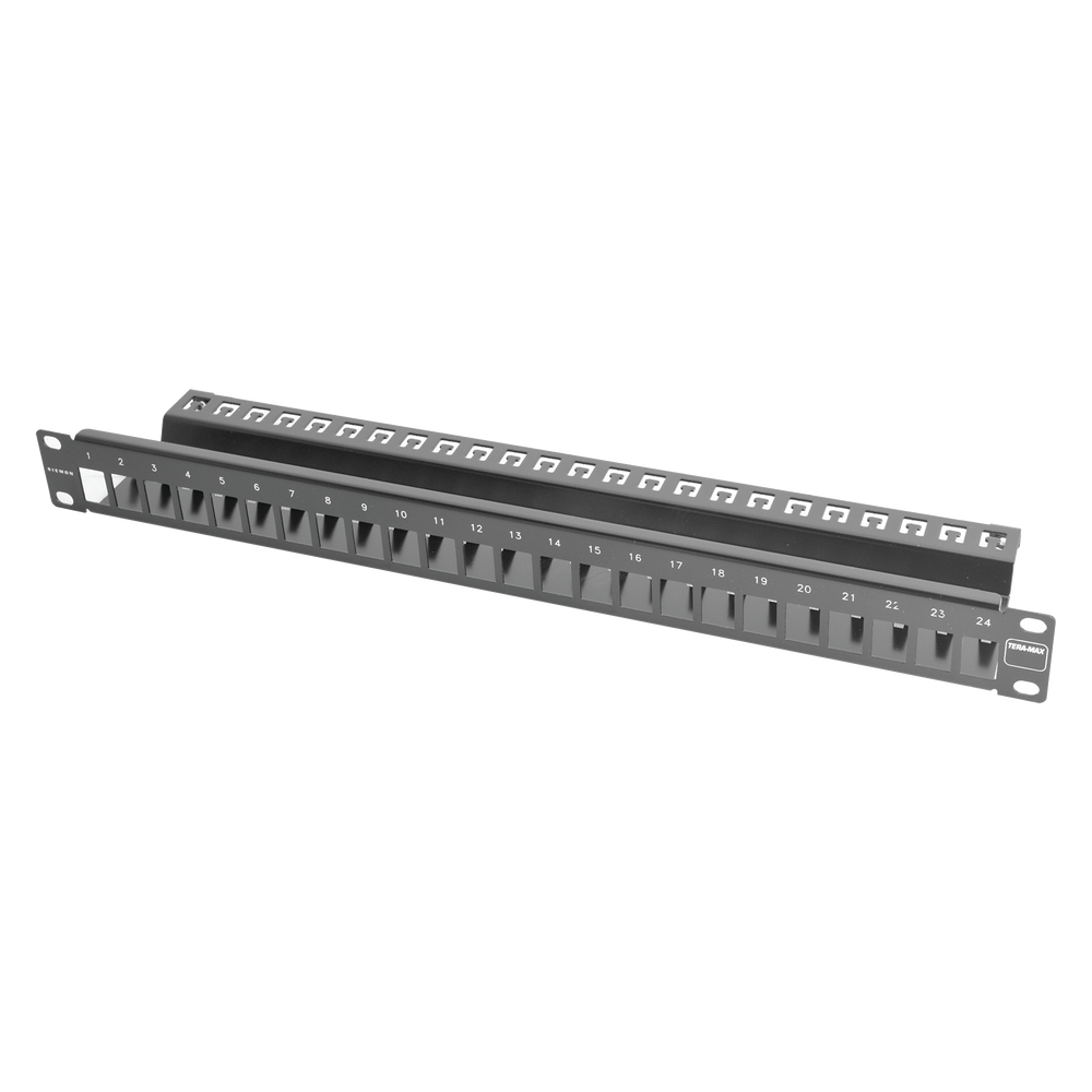 Patch Panel TERA-MAX Blindado de 24 Puertos, Modular (Vacío), Plano, Color Negro, 1UR