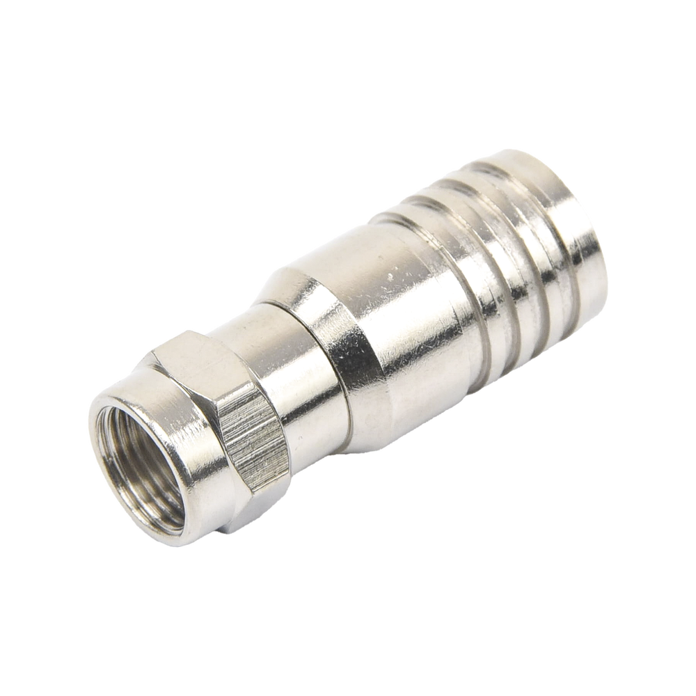 Conector F Macho en 75 Ohm, Plegable para Instalar en Cables Coaxiales RG-11, Cuerpo de Bronce-Niquelado/ Teflón.