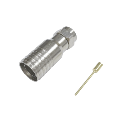 Conector F Macho en 75 Ohm, Plegable para Instalar en Cables Coaxiales RG-11, Cuerpo de Bronce-Niquelado/ Teflón.