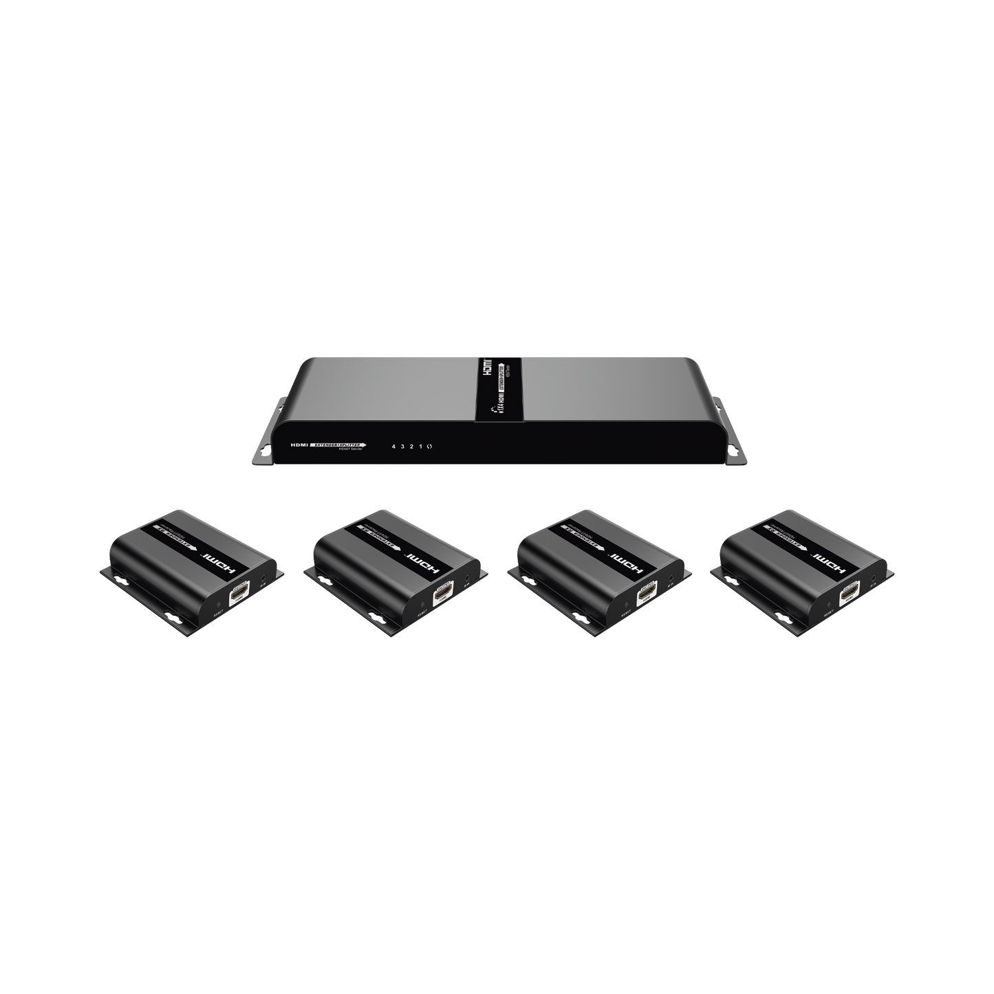 Kit Divisor y Extensor HDMI (Extender Splitter)  / Divide 1 Fuente HDMI a 4 Pantallas / Extiende la señal HDMI hasta 120 m / Resolución 1080P @ 60 Hz / Cat 6/6a / Soporta IR / Baja Latencia / Uso24/7 / Alimente solo el Tx (PoC).