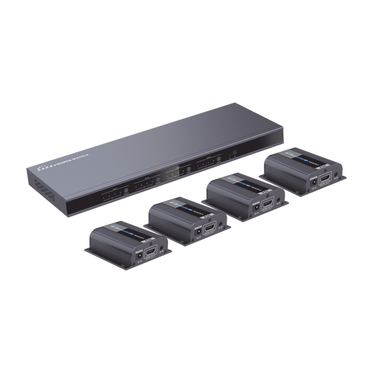 MATRICIAL Y EXTENSOR DE VIDEO HDMI 4 x 4 / 4 Entradas HDMI / 4 Salidas HDMI Loop / 4 Salidas RJ45 para Extender la señal 40 metros por salida  /  1080 @ 60Hz / Conmutación por RS232, Control Remoto o Ethernet.