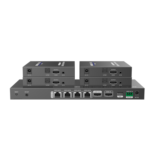 Kit Divisor y Extensor HDMI / Divide 1 Fuente HDMI a 4 Pantallas / Extiende la señal HDMI hasta 70 m / Resolución 4K @ 60 Hz/ Cat 6/6a/7 / IPCOLOR / CERO LATENCIA / Uso 24/7 / Puerto S/PDIF / EDID / RS232 / Salida Loop / Alimente solo el Tx