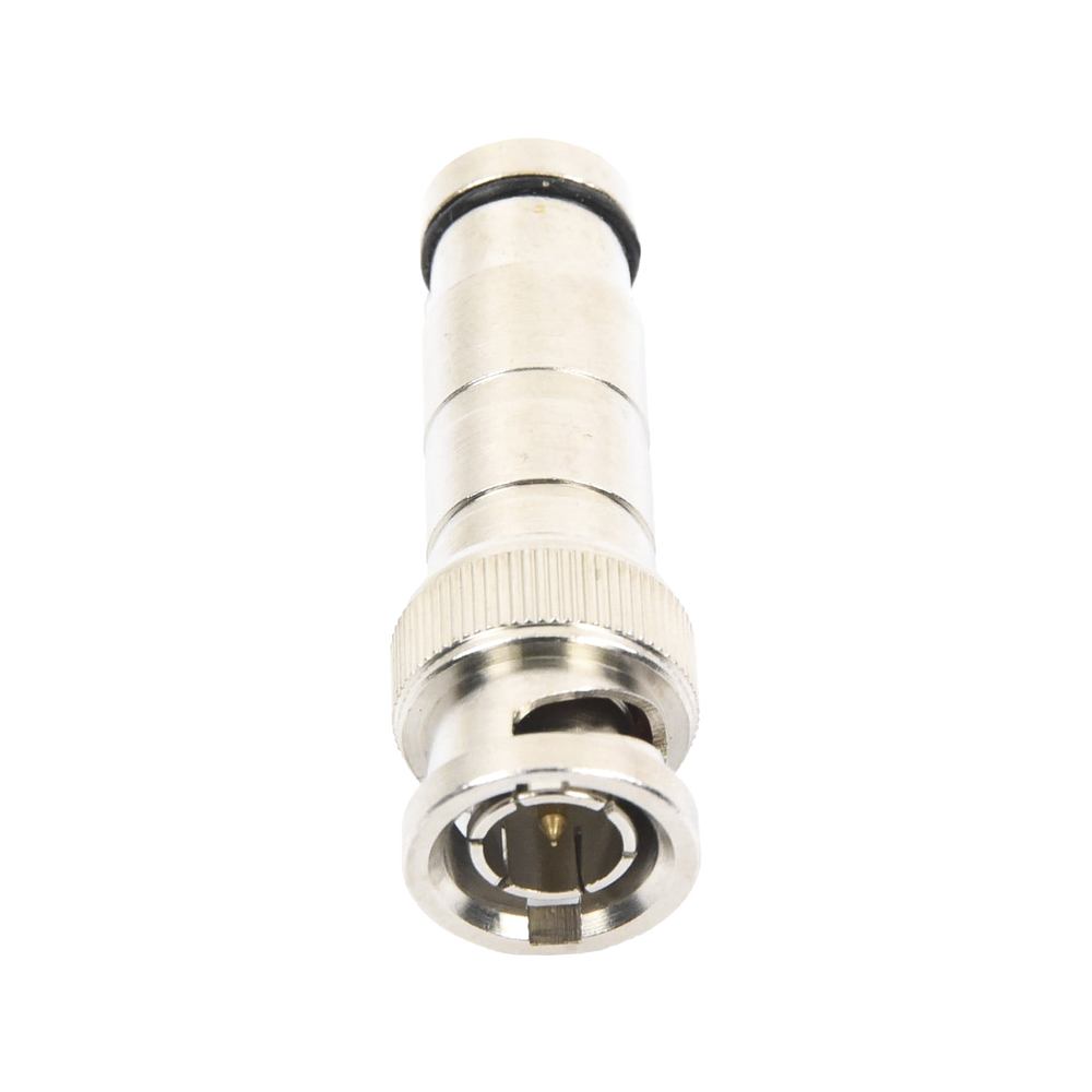 Conector BNC Macho en 75 Ohm, de Compresión Axial para Cable Coaxial RG-59/U, Níquel/ Oro/ Politetrafluoroetileno.