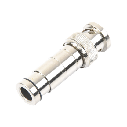 Conector BNC Macho en 75 Ohm, de Compresión Axial para Cable Coaxial RG-59/U, Níquel/ Oro/ Politetrafluoroetileno.