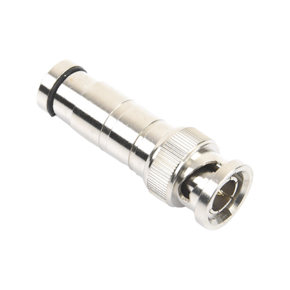 Conector BNC Macho en 75 Ohm, de Compresión Axial para Cable Coaxial RG-59/U, Níquel/ Oro/ Politetrafluoroetileno.