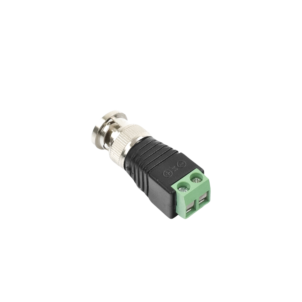 Adaptador de conector BNC macho a 2 terminales-tornillo para cables AWG-26-14, en aplicaciones Video Vigilancia, Níquel/ Oro/  PTFE y PVC.