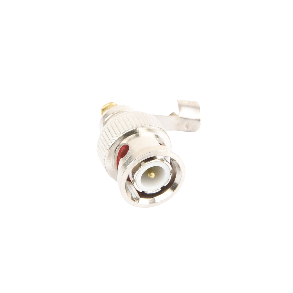 Conector BNC macho en 75 Ohm, para cable coaxial RG-59 / Con base de alivio negra de PVC, Níquel/ Oro/ PTFE.