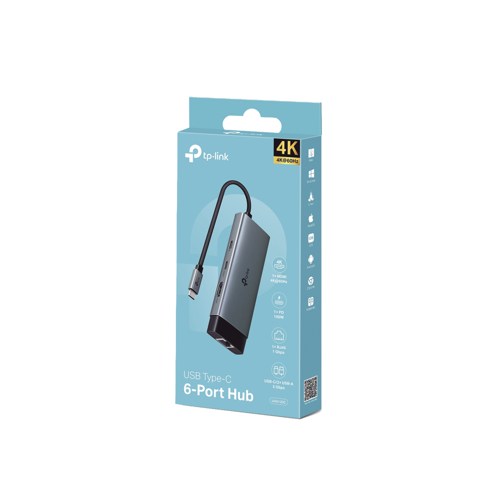 Adaptador HUB 6 en 1, 1 puerto USB-C entrada, 1 puerto HDMI 4K, 1 puerto Ethernet Gigabit, 1 puerto USB-C y 2 puertos USB-A