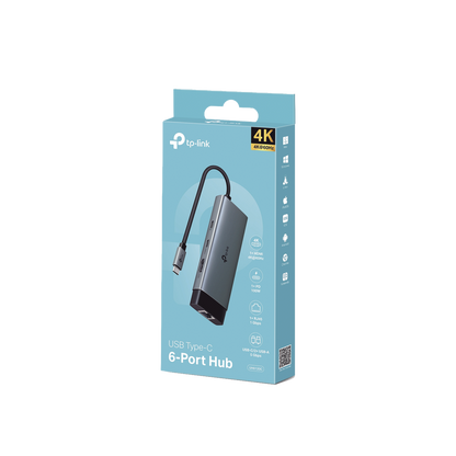 Adaptador HUB 6 en 1, 1 puerto USB-C entrada, 1 puerto HDMI 4K, 1 puerto Ethernet Gigabit, 1 puerto USB-C y 2 puertos USB-A