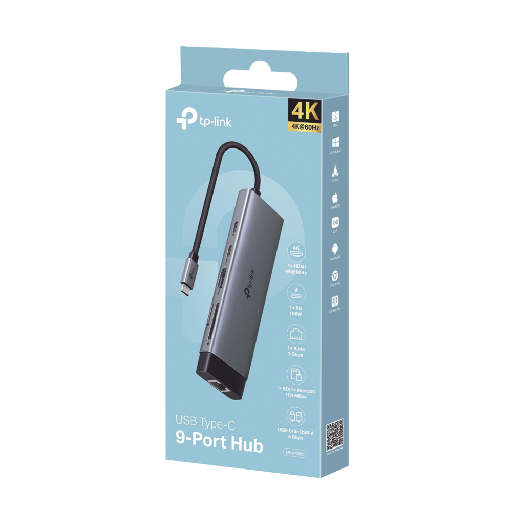 Adaptador HUB 9 en 1, 1 puerto USB-C entrada, 1 puerto HDMI 4K, 1 puerto Ethernet Gigabit, 1 puerto SD y MicroSD, 1 puerto USB-C y 3 puertos USB-A