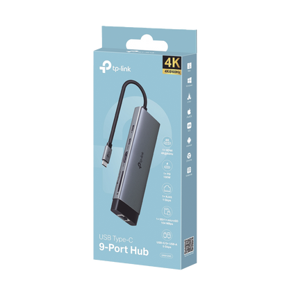 Adaptador HUB 9 en 1, 1 puerto USB-C entrada, 1 puerto HDMI 4K, 1 puerto Ethernet Gigabit, 1 puerto SD y MicroSD, 1 puerto USB-C y 3 puertos USB-A