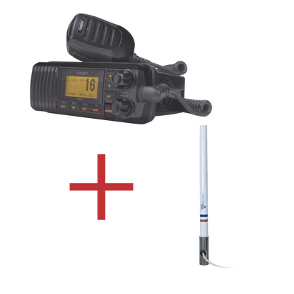 Kit de radio UM385BK | mas antena marina de fibra de vidrio TX-5101SYS/10M fabricada en fibra de vidrio con base roscable de acero inoxidable