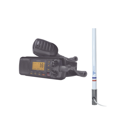 Kit de radio UM385BK | mas antena marina de fibra de vidrio TX-5101SYS/10M fabricada en fibra de vidrio con base roscable de acero inoxidable
