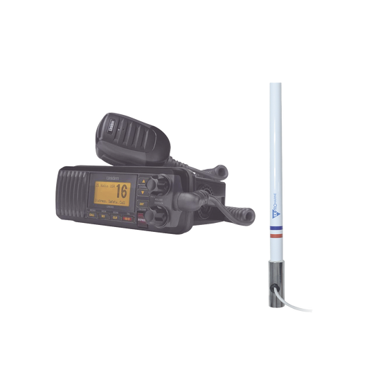 Kit de radio UM385BK | mas antena marina de fibra de vidrio TX-5101SYS/10M fabricada en fibra de vidrio con base roscable de acero inoxidable