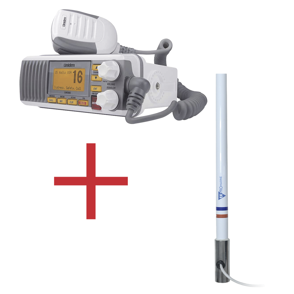 Kit de radio UM385 | mas antena marina de fibra de vidrio TX-5101-SYS fabricada en fibra de vidrio con base roscable de acero inoxidable