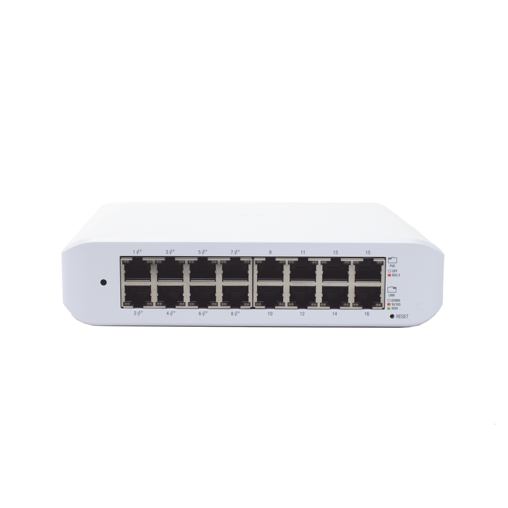 Switch UniFi Lite Administrable PoE de 16 Puertos 10/100/1000 Mbps (8 puertos 802.3af/at), 45 W