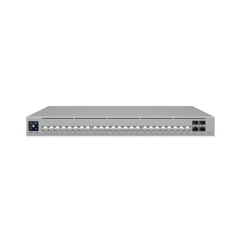 UniFi Switch Pro HD Capa 3, 24 puertos Etherlighting POE++ / (22) puertos 2.5 GbE, (2) puertos 10GbE, todos POE++, (4) puertos 10G SFP+, 600W presupuesto POE